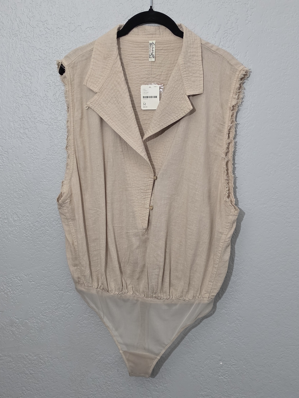 Free People Beige Sleeveless Collared Bodysuit